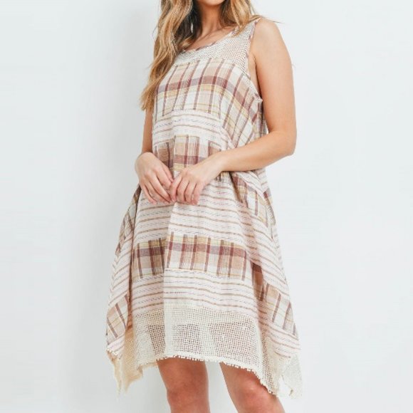 Handkerchief Hem Mesh Detail Mixed Plaid Dress - Picture 7 of 14